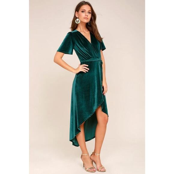 Lulus Amour Green Velvet Wrap Dress High Low Flutter Sleeve Stretch V Neck L - Picture 2 of 12